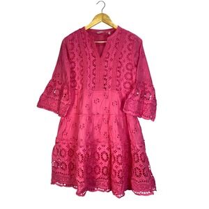 Soft Surroundings Pink Eyelet Lace Tiered Dress Petite 6P Boho Bell Sleeve Mini